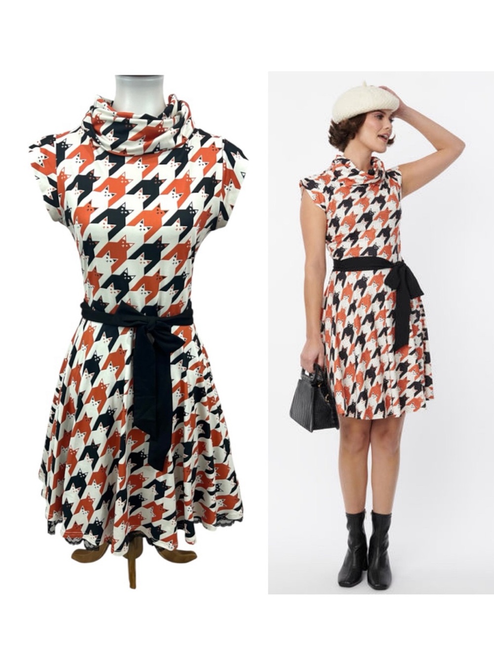 Unique Vintage Retro Cat Houndstooth Cowlneck Cap Sleeve Flare Dress